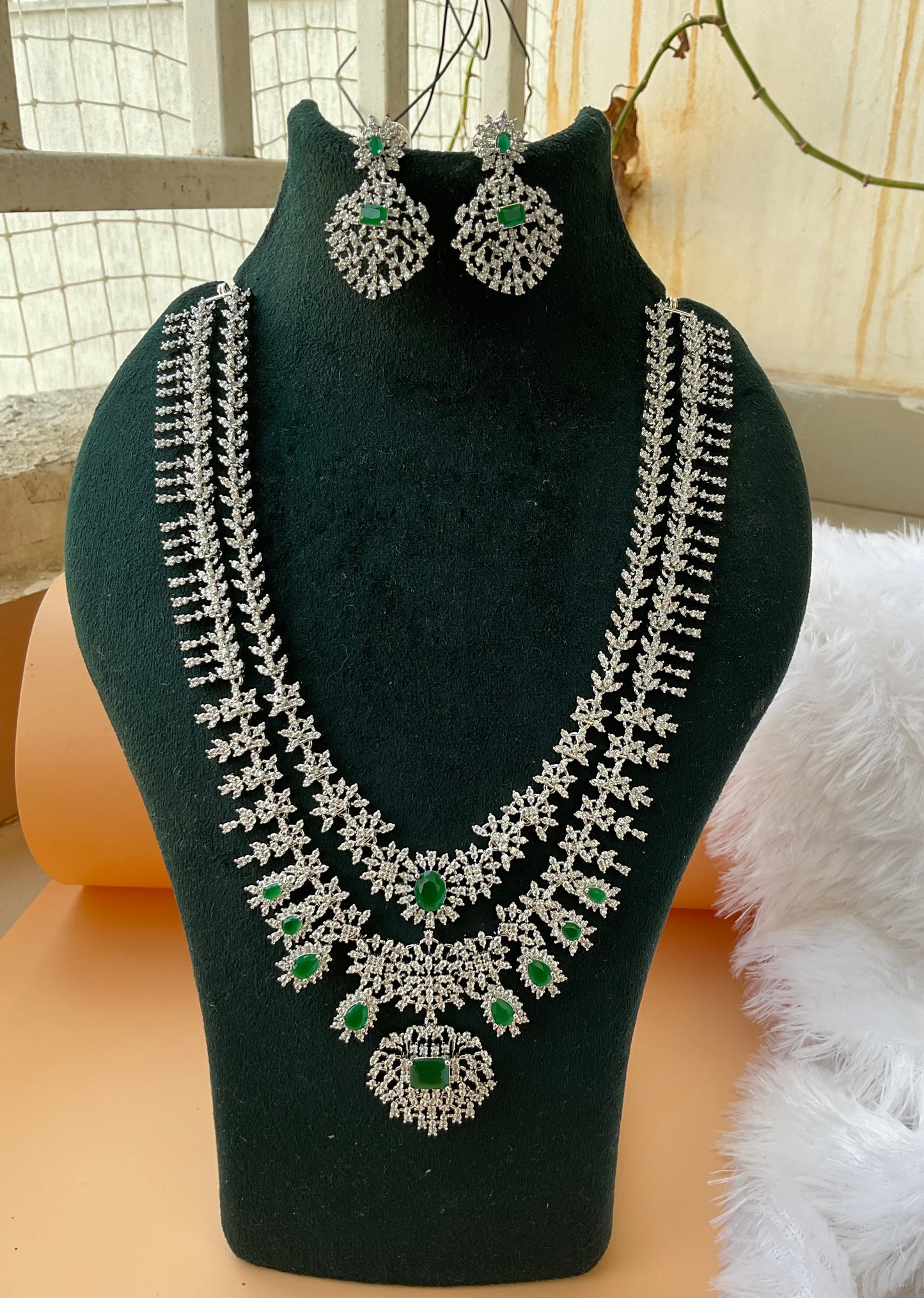 Silver imitationjewellery double layered set-Green
