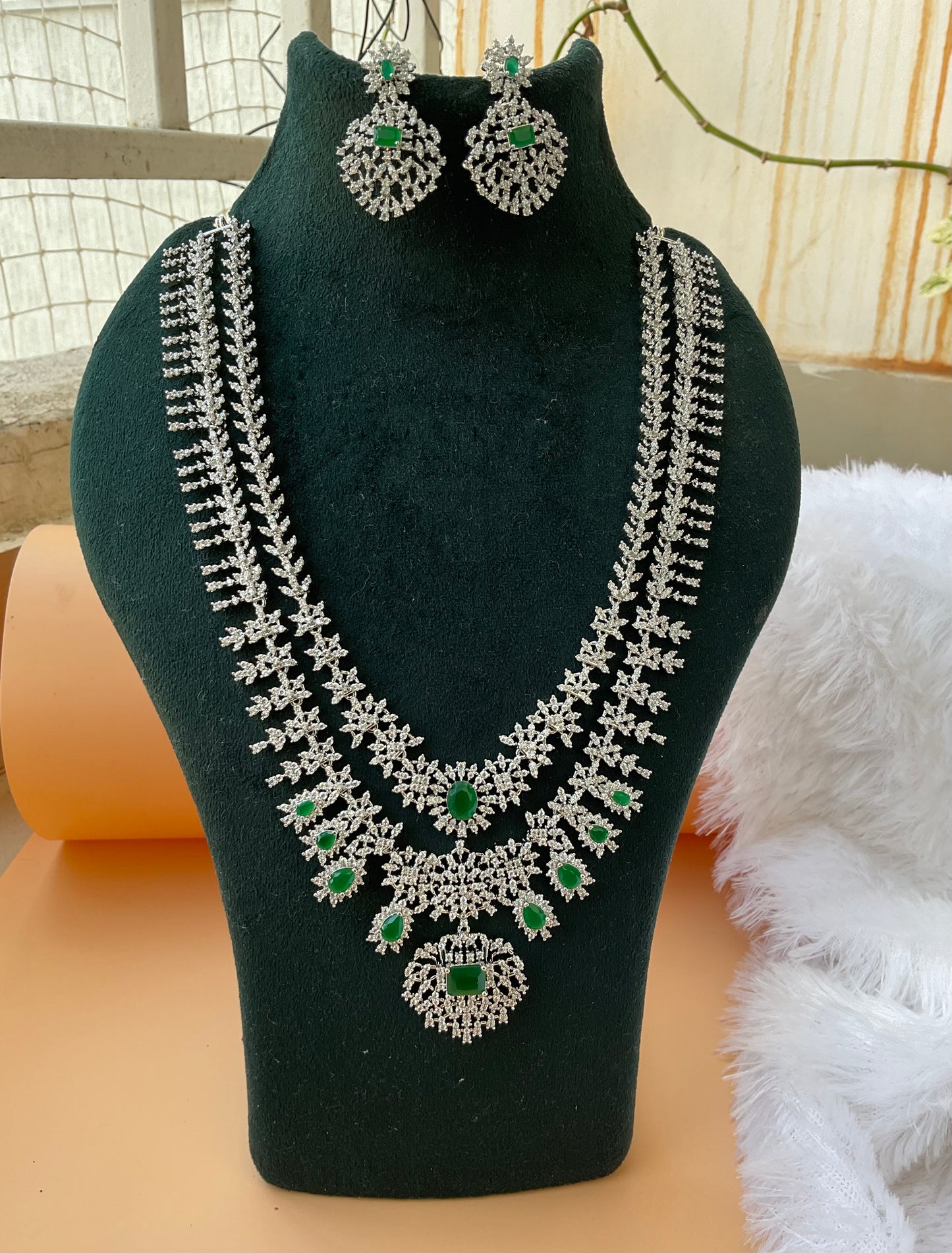 Silver imitationjewellery double layered set-Green